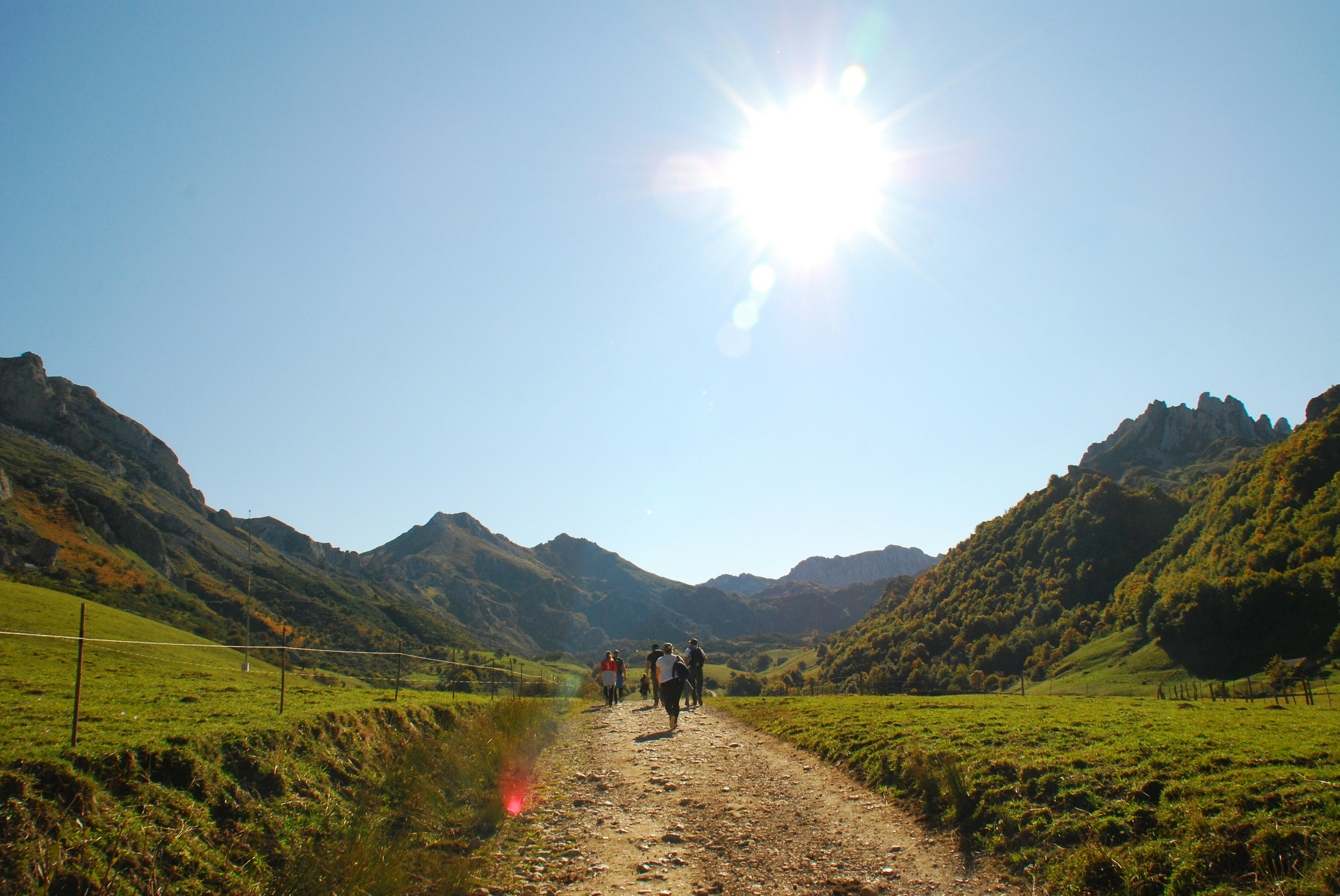Pilgrims walking directly into blazing sun on the Camino